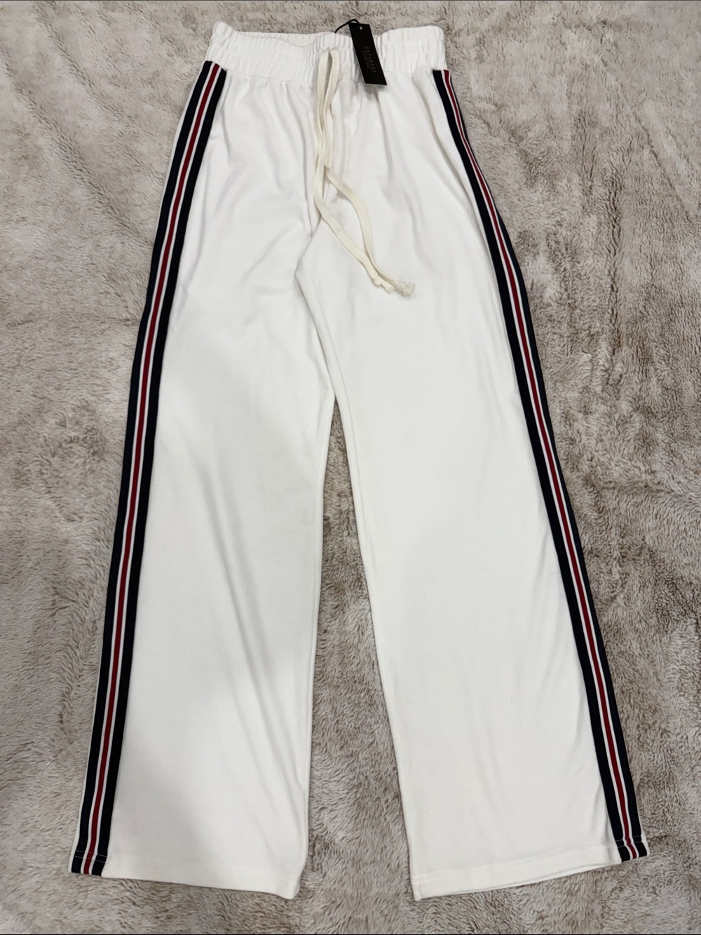 Revamped White Girls' Sweatpants with Navy & Red Side Stripes